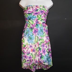 Express Strapless Watercolor Floral High Low Dress